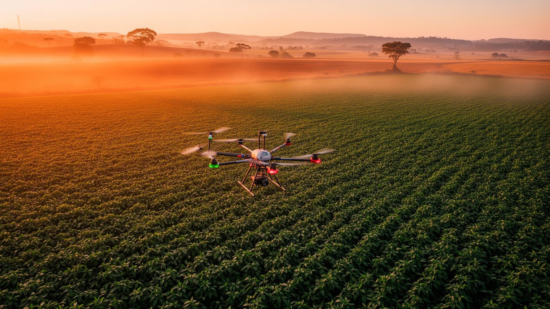 Drone agrícola sobre lavoura ao amanhecer no Mato Grosso do Sul