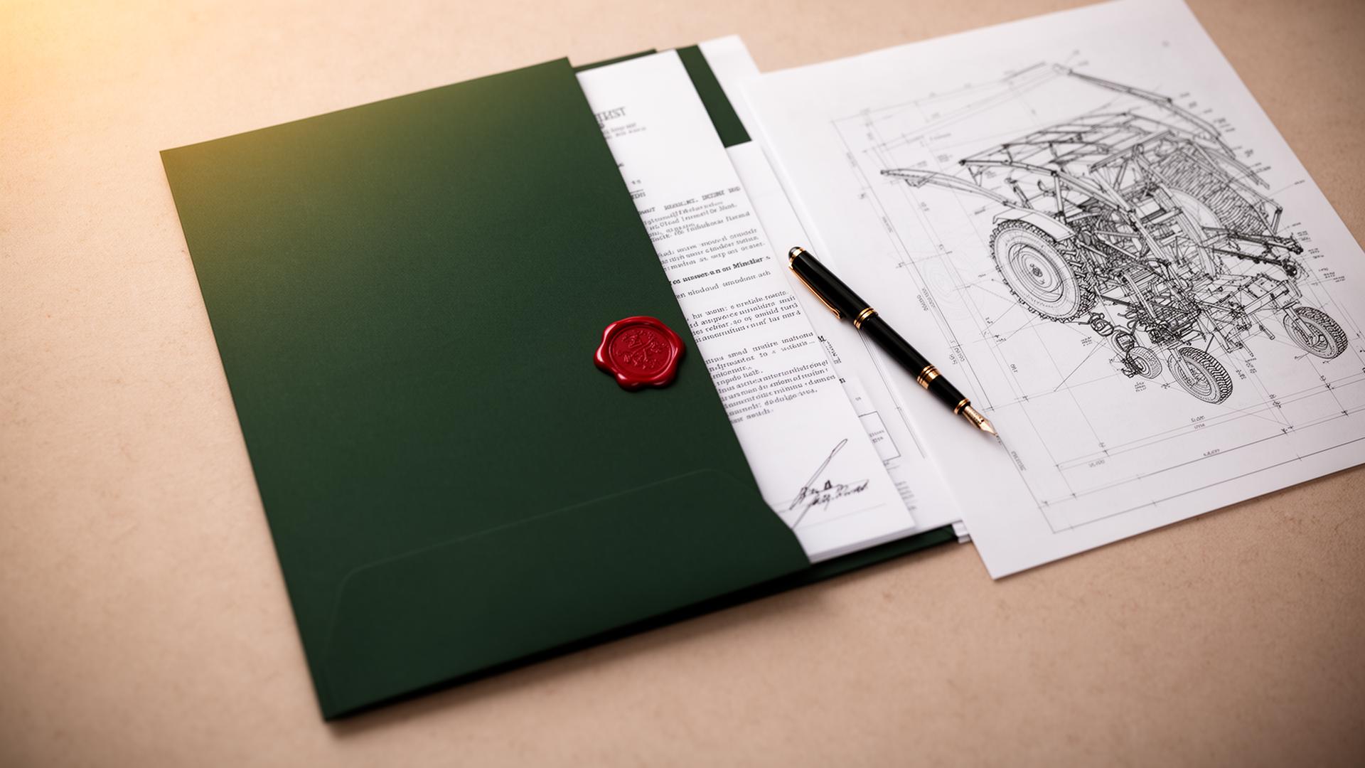 Pasta verde com selo de cera, documento técnico e blueprint agrícola